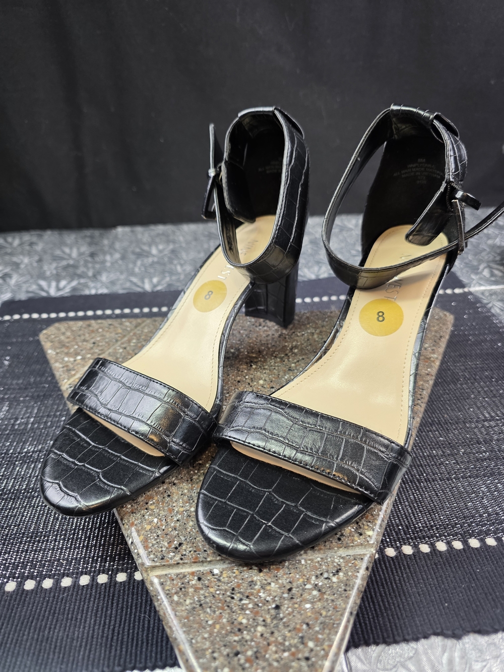 Nine West Pruce Black Croc-Embossed Block Heel Sandal